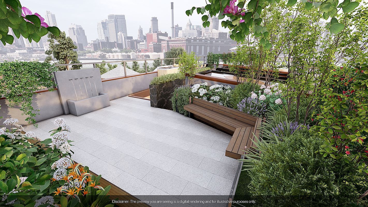 This image showcases a luxurious rooftop patio/deck/balcony with a stunning city view. The space features a modern water fountain, lush greenery, a wooden bench, and a hot tub, creating a serene and private outdoor oasis. The neutral-toned paving stones provide a clean and sophisticated look, perfect for relaxation and entertaining.