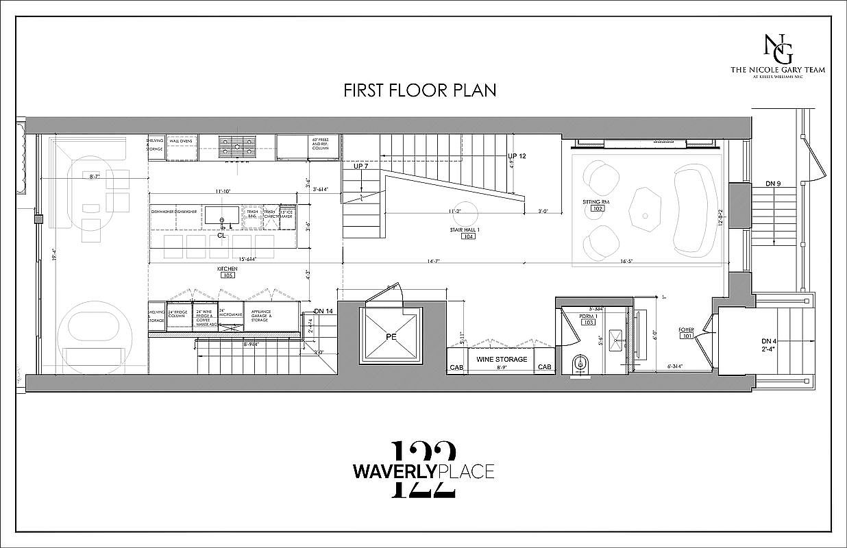 This image presents a detailed first-floor plan of a residence, showcasing the layout of key areas such as the kitchen, sitting room, foyer, and wine storage. The architectural drawing includes precise measurements and labels for each space, providing a comprehensive overview of the floor's design and spatial relationships. The style is technical and informative, intended for architectural or real estate purposes.