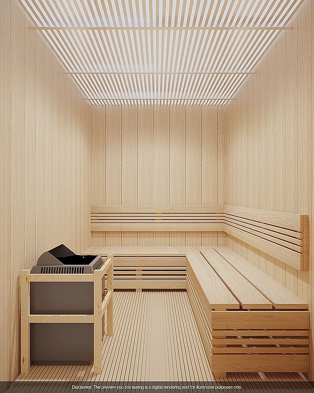 This image showcases a modern sauna interior, featuring light-colored wooden walls, benches, and flooring. The sauna includes a heater in the corner and a slatted ceiling, creating a clean and minimalist aesthetic. The overall impression is one of relaxation and wellness.