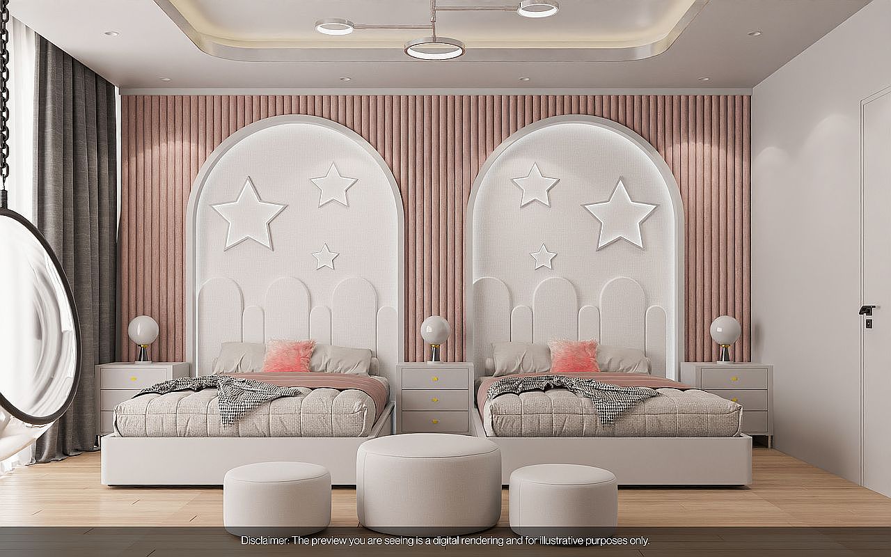 This is a charming bedroom designed for children, featuring two twin beds with white, arched headboards adorned with star accents. The room is decorated in soft pink and white tones, creating a calming and playful atmosphere. Matching nightstands with spherical lamps flank each bed, and round ottomans provide additional seating, enhancing the room's functionality and aesthetic appeal.