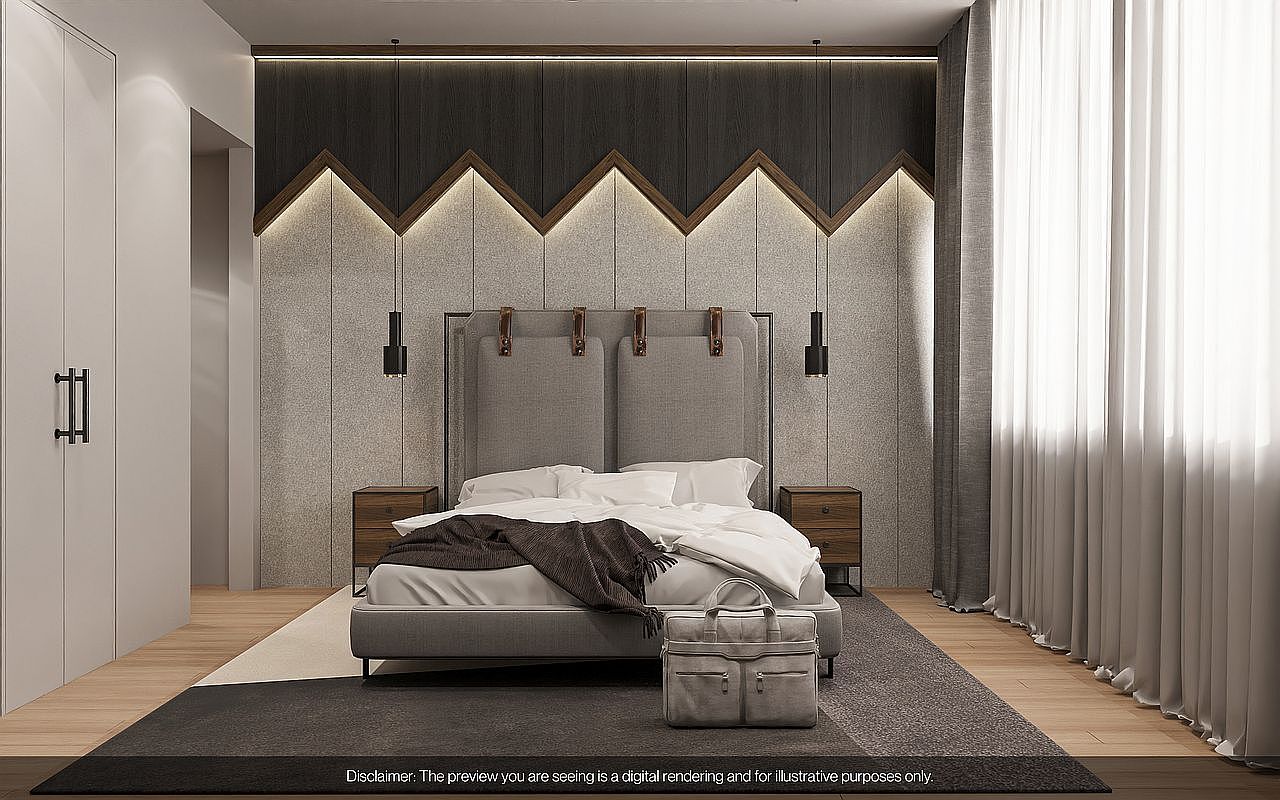 This is a modern primary bedroom featuring a gray upholstered bed with a unique headboard design, flanked by matching nightstands and pendant lights. The room has a sophisticated color palette of grays, whites, and wood tones, creating a serene and luxurious atmosphere. A large window with sheer curtains provides soft, natural light.