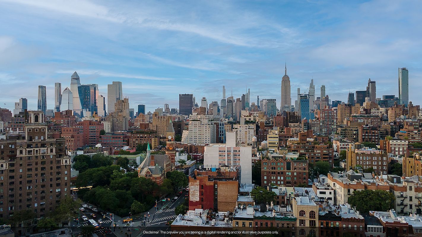This aerial view showcases a dense urban landscape, dominated by a mix of low-rise residential buildings and towering skyscrapers. The architectural styles vary, creating a diverse cityscape under a partly cloudy sky. The image captures the scale and complexity of urban living, highlighting the proximity of residential areas to the bustling city center.