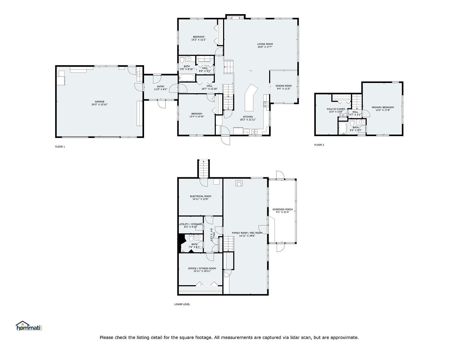 This image displays a comprehensive floor plan layout for a multi-level residential property, including the first floor, second floor, and lower level. The diagram illustrates the spatial arrangement of various rooms, such as the garage, kitchen, living room, bedrooms, and recreational areas, complete with specific room dimensions. It provides a clear, top-down architectural overview of the home's flow and functional zones.
