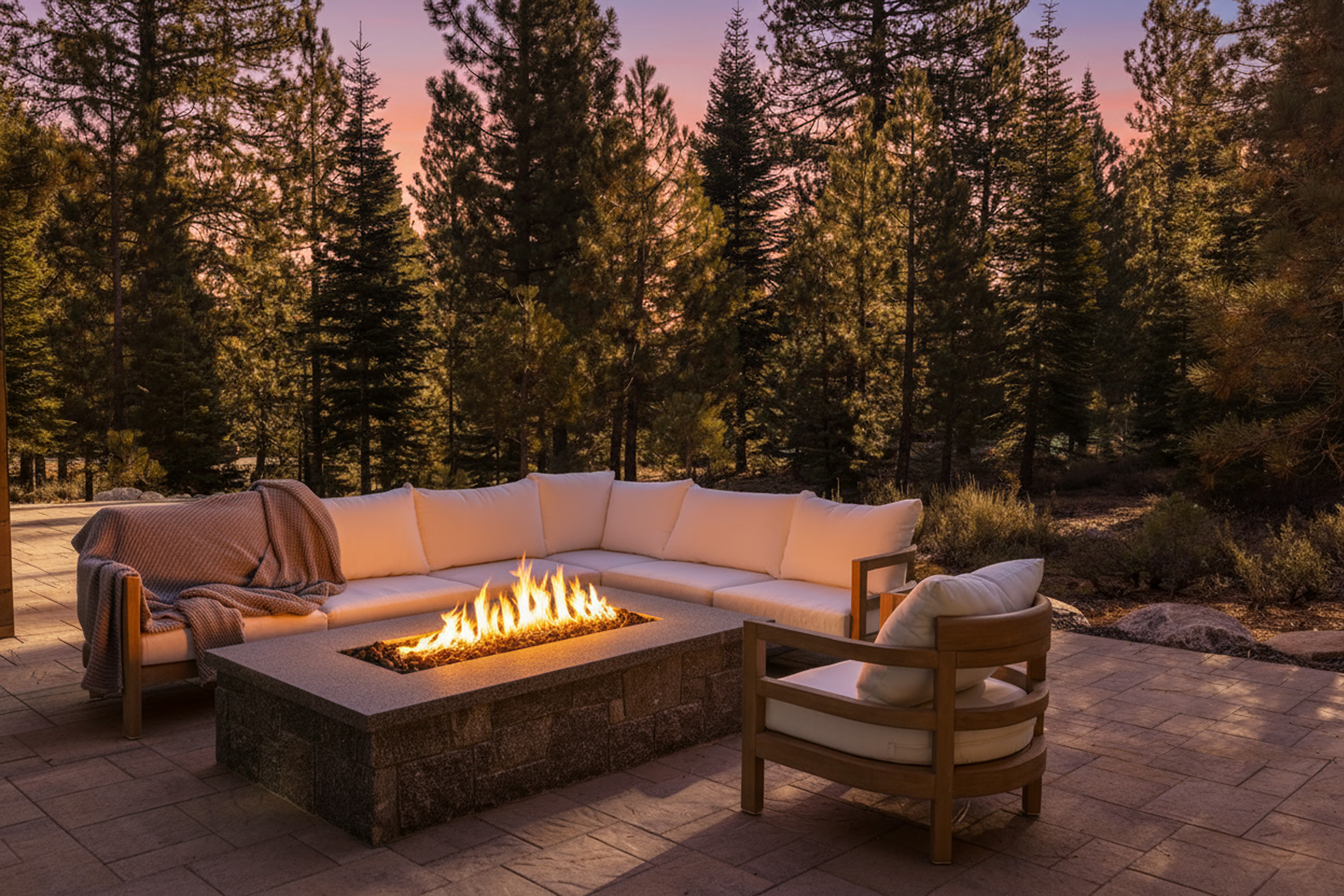 This image showcases a cozy outdoor patio area with a modern design. A stone fire pit is centrally located, surrounded by comfortable cushioned seating, creating an inviting space for relaxation and entertainment. The patio is framed by a backdrop of trees, suggesting a private and serene setting.