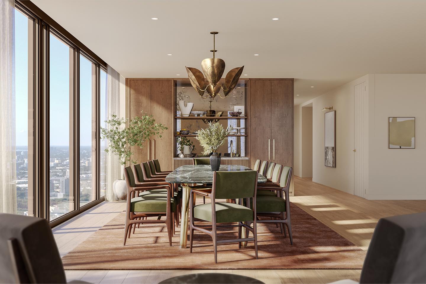 This is a beautifully designed dining room featuring a large marble-top table surrounded by upholstered chairs with wooden frames. A unique, sculptural chandelier hangs above the table, providing ambient lighting. The room is well-lit with natural light from the large windows, offering a view of the city skyline, and a stylish rug anchors the space, creating a warm and inviting atmosphere.