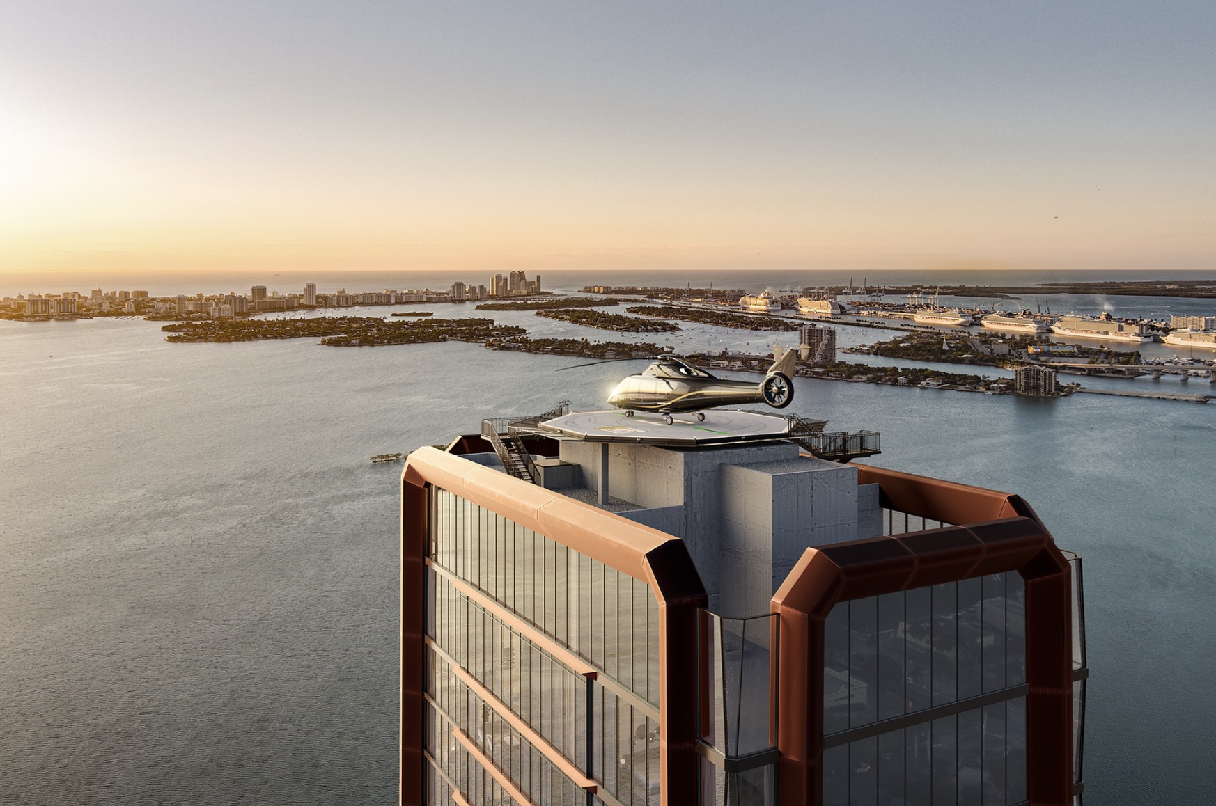 This aerial view showcases a luxury penthouse with a helipad, featuring a sleek helicopter parked on top. The building boasts modern architecture with a copper-toned frame and expansive glass windows, offering panoramic views of the surrounding cityscape and ocean. The scene is bathed in the warm light of the setting sun, creating an impression of exclusivity and high-end living.