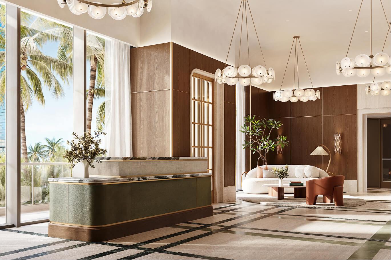 This interior shot showcases a luxurious lobby area with a reception desk, elegant lighting fixtures, and stylish furniture. The space features a blend of wood paneling and marble flooring, creating a sophisticated and welcoming atmosphere. Large windows offer a view of palm trees, enhancing the upscale ambiance.