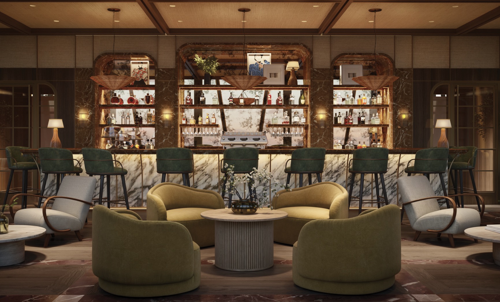 This interior shot showcases a stylish bar area with comfortable seating. The bar features a marble countertop, mirrored backsplash, and well-stocked shelves. The seating area includes plush armchairs arranged around a round coffee table, creating an inviting and sophisticated atmosphere.