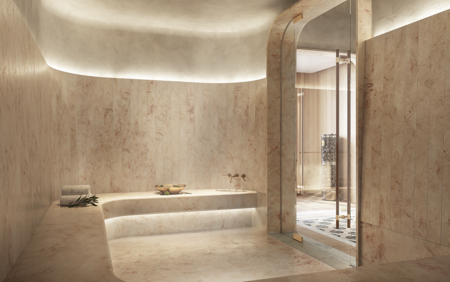 This image showcases a luxurious bathroom featuring marble walls and flooring, creating a spa-like atmosphere. A curved bench with integrated lighting adds a modern touch, while a glass door leads to another area, possibly a sauna or steam room. The overall impression is one of tranquility and high-end design, perfect for relaxation.