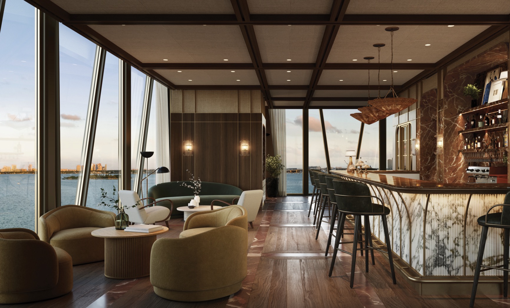 This interior shot showcases a luxurious living room and bar area with floor-to-ceiling windows offering a stunning waterfront view. The space features stylish seating arrangements, a well-stocked bar with unique lighting, and rich wood flooring, creating an atmosphere of sophisticated relaxation and entertainment. The overall design is modern and elegant, perfect for upscale living.