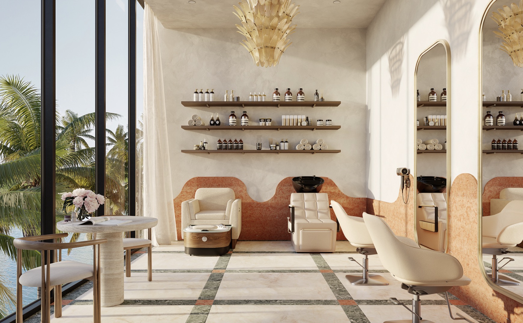This image showcases the interior of a luxurious salon or spa. The space features elegant decor, including stylish chairs, mirrors, and shelving displaying various products. Large windows offer a view of tropical foliage, creating a serene and upscale atmosphere, perfect for attracting clients seeking a premium experience.