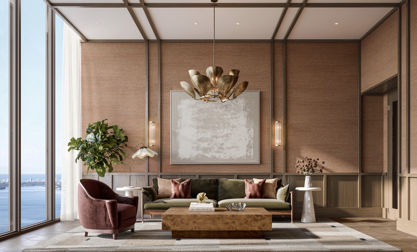 This is a luxurious living room featuring a modern design with warm, earthy tones. The room includes a comfortable green sofa, a stylish armchair, and a unique wooden coffee table. A large window offers a stunning view of the ocean and city skyline, enhancing the room's appeal and creating a serene atmosphere.