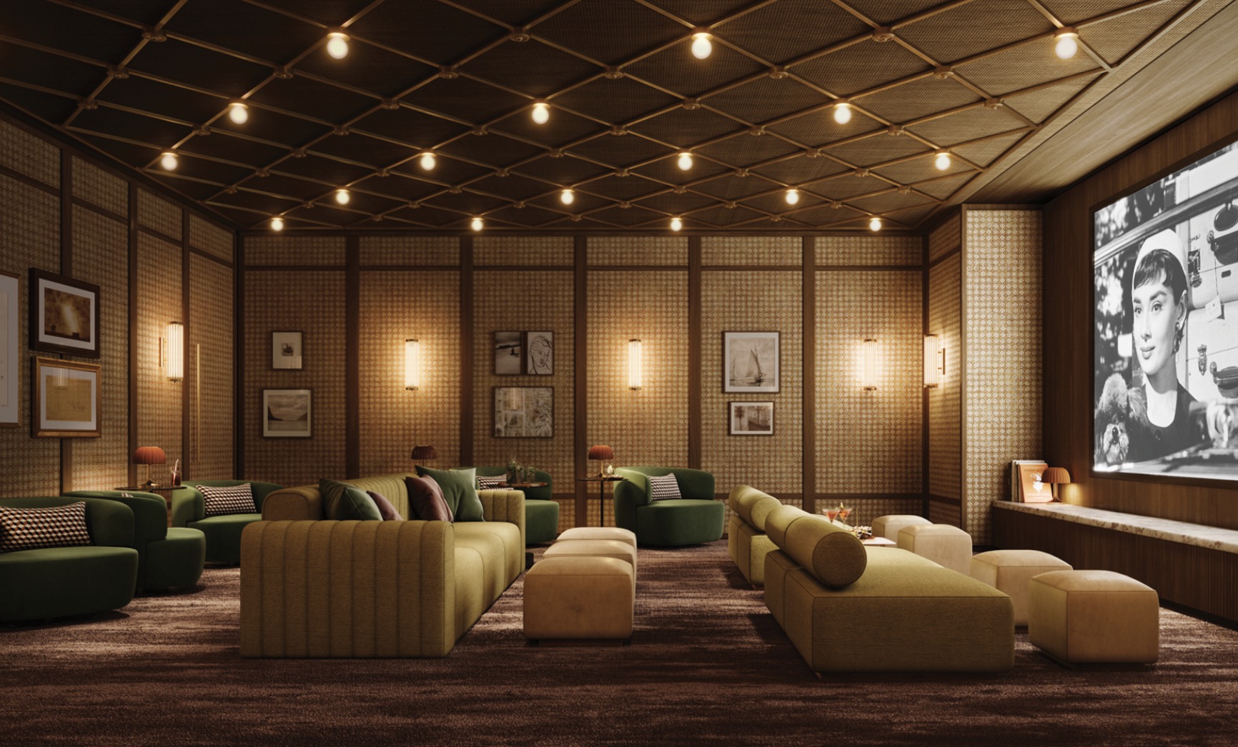 This is an interior shot of a luxurious home theater or living room, featuring comfortable green and yellow seating arrangements, including sofas and ottomans. The room is decorated with patterned walls and a grid-patterned ceiling with globe lights, creating a warm and inviting ambiance. A large screen displays a black and white film, adding a touch of classic elegance.