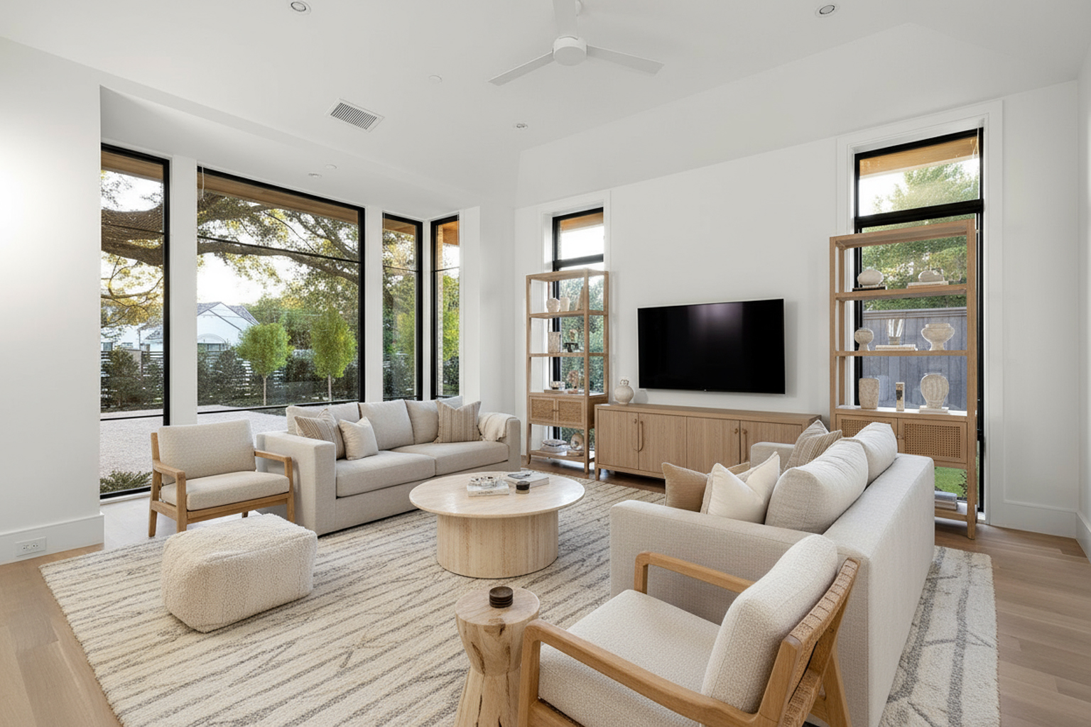 This is a bright and airy living room featuring neutral tones and modern furnishings. Large windows provide ample natural light and views of the outdoors. The space includes two sofas, chairs, a round coffee table, a media center with a large television, and open shelving units, creating a comfortable and stylish setting for relaxation and entertainment.