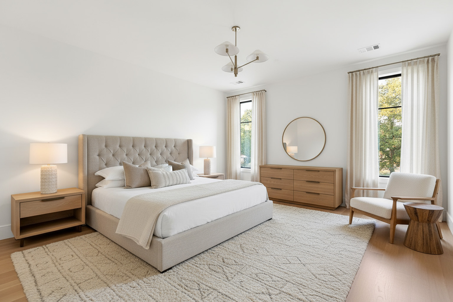 This is a well-lit primary bedroom with a neutral color scheme creating a serene atmosphere. The room features a large upholstered bed with decorative pillows, a wooden nightstand with a lamp, and a matching dresser with a round mirror above it. A comfortable armchair and an area rug complete the space, enhancing its appeal and functionality.