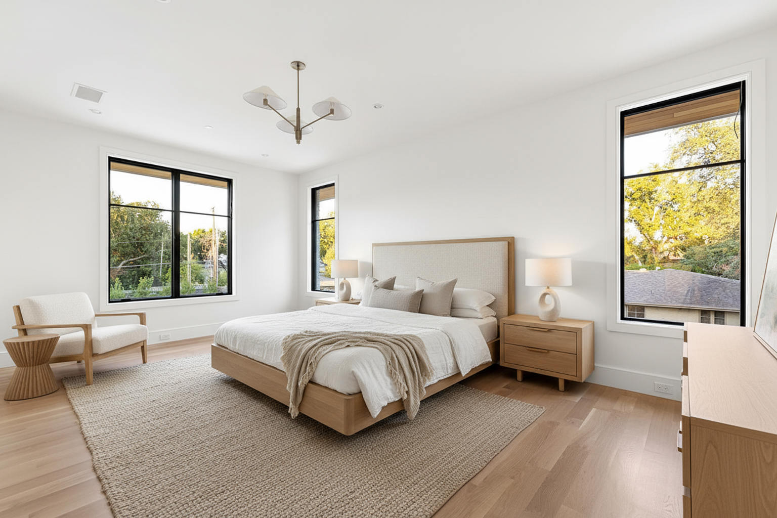 This is a bright and airy primary bedroom featuring natural light from large windows with black frames. The room is decorated in neutral tones with a light wood platform bed, complementing bedside tables, and a beige rug. A modern chandelier adds a touch of elegance to the spacious room, making it feel warm and inviting.