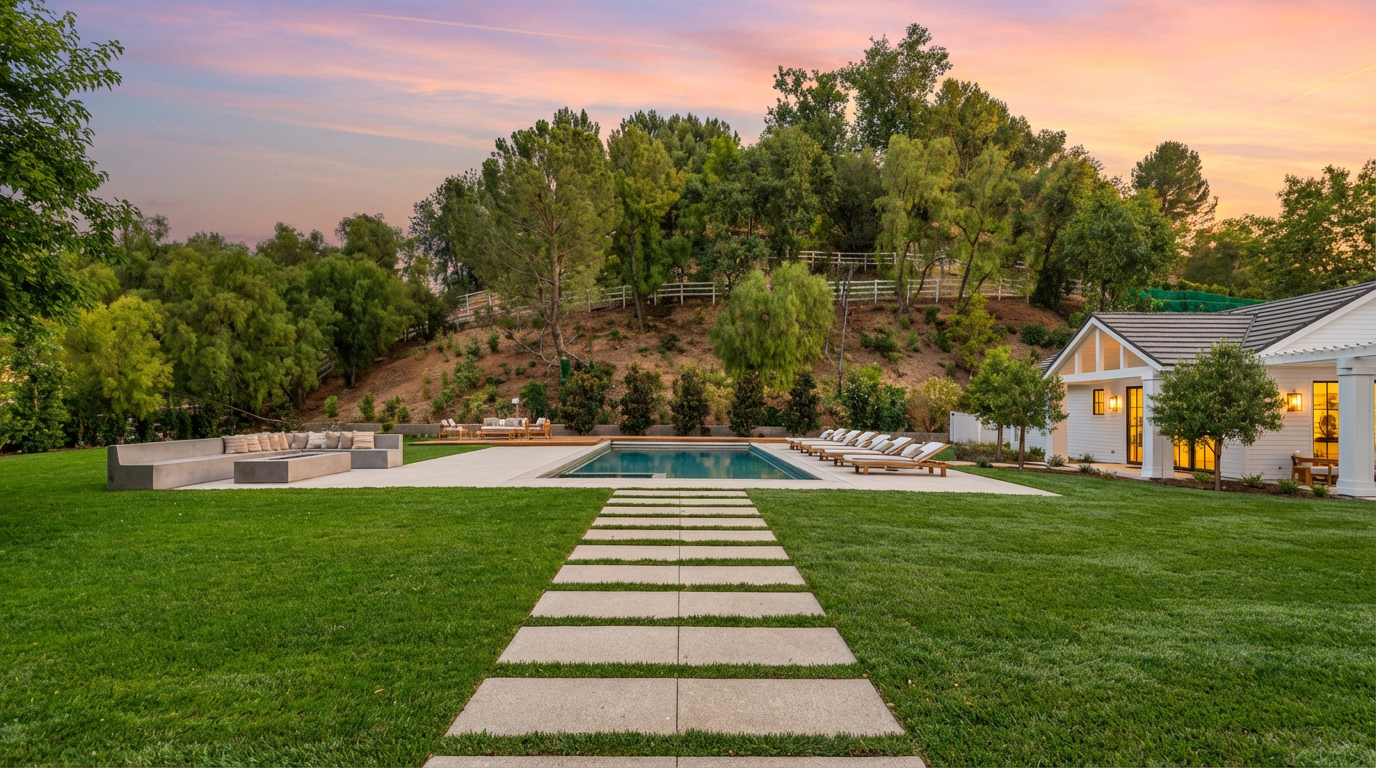 This expansive backyard features a pristine rectangular swimming pool as the central focal point, complemented by a modern stone paver walkway leading through a lush, manicured lawn. To the left, a large contemporary outdoor sectional sofa provides ample seating, while a white-trimmed structure with a dark roof sits to the right, offering a sophisticated architectural contrast. The scene is framed by mature trees and a gentle hillside, creating a serene and luxurious private retreat.