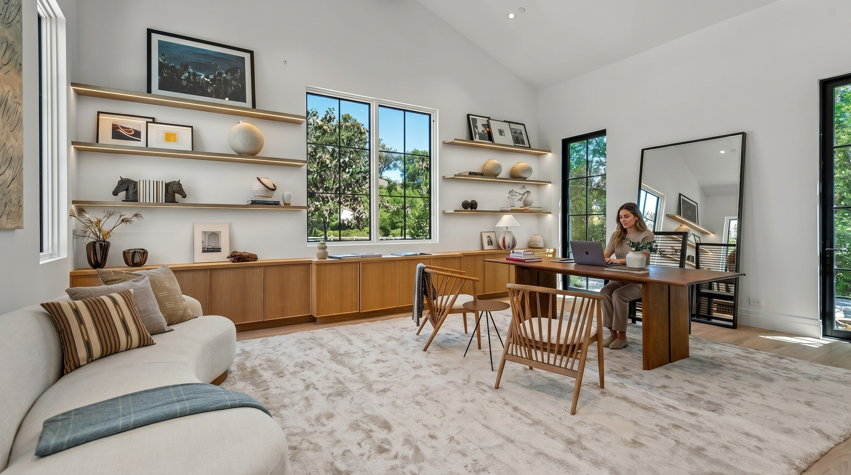 This sophisticated home office features a vaulted ceiling with exposed wooden beams, creating an airy and expansive atmosphere. The room is anchored by a large wooden desk and a curved sofa, complemented by custom built-in shelving and cabinetry that provide ample storage and display space. Large windows and glass doors flood the room with natural light, offering a serene view of the surrounding greenery.