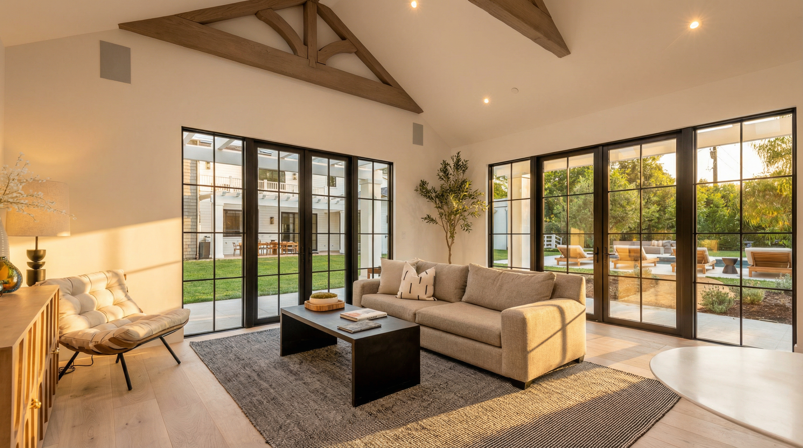 This bright and airy living room features a high vaulted ceiling with exposed wooden beams, creating a spacious and sophisticated atmosphere. Large floor-to-ceiling black-framed glass doors provide an abundance of natural light and a seamless transition to the outdoor patio and yard. The room is furnished with a neutral-toned sofa, a dark coffee table, and a textured area rug, offering a modern and inviting aesthetic.