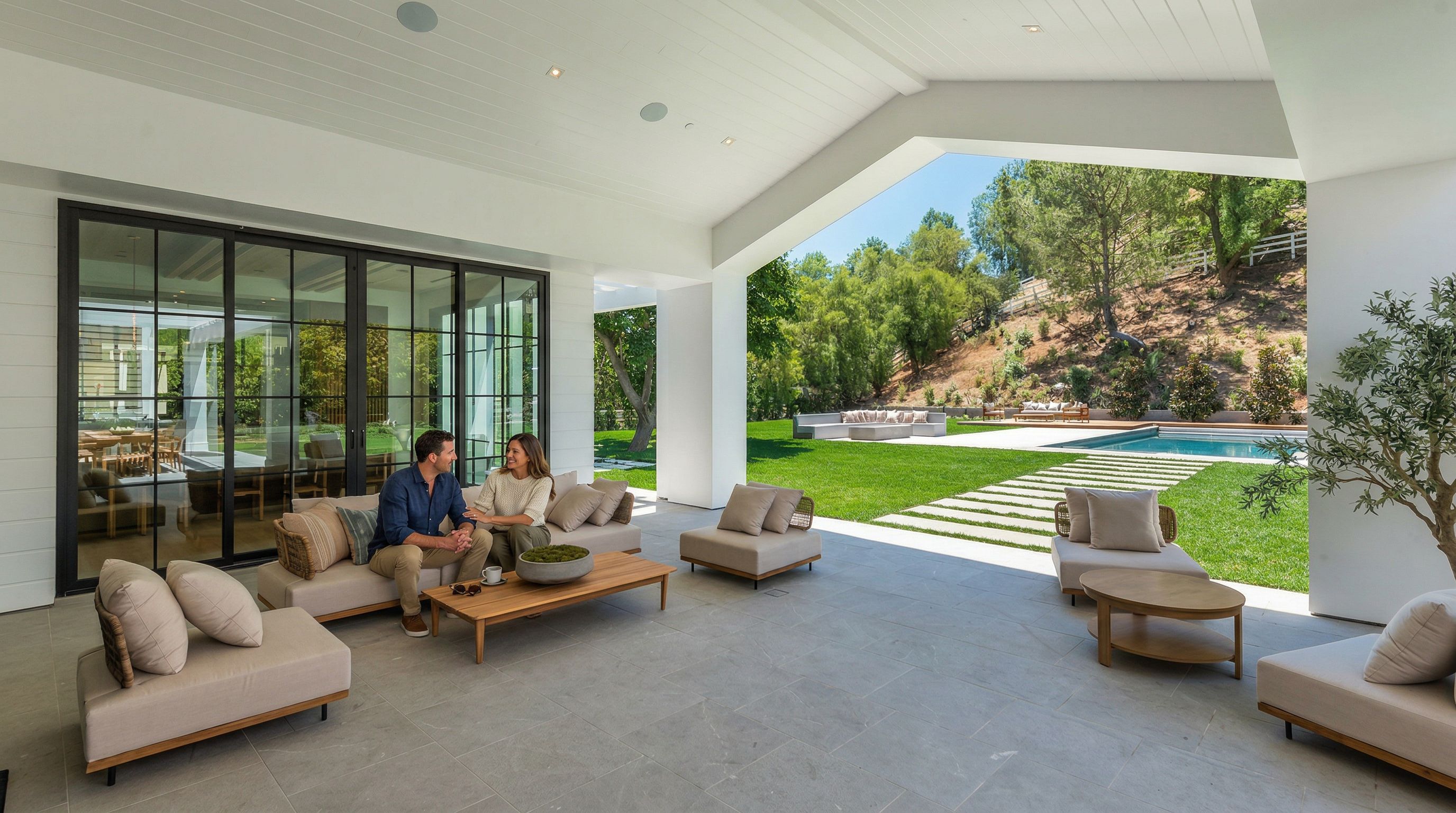 This expansive, covered outdoor living space features a modern, minimalist design with light-toned stone flooring and a high, vaulted ceiling. The area is furnished with comfortable, neutral-colored lounge seating and a wooden coffee table, seamlessly transitioning to a lush backyard with a swimming pool. The open-air layout provides a bright, airy atmosphere perfect for luxury entertaining and indoor-outdoor living.