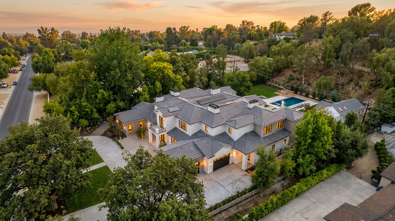 This high-angle aerial view captures a sprawling, modern luxury estate nestled within a lush, tree-lined suburban landscape. The property features a large, multi-gabled grey roof, a spacious concrete driveway, a pristine swimming pool, and a detached guest house, all set against a backdrop of rolling hills. The overall impression is one of exclusivity, privacy, and high-end architectural design.