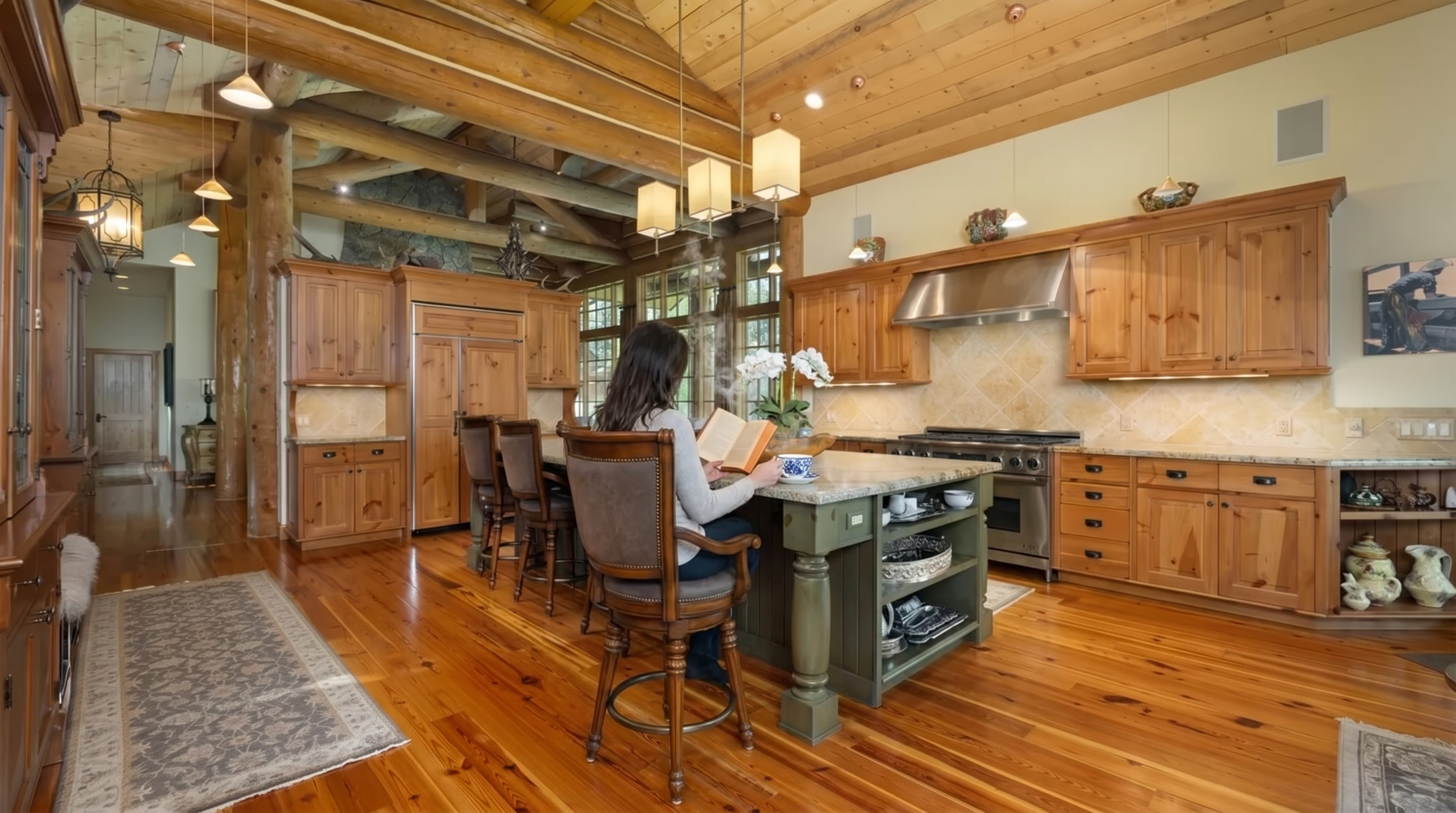 This rustic, spacious kitchen features warm wood cabinetry, exposed log ceiling beams, and a large central island with seating for four. It is equipped with stainless steel professional-grade appliances, including a range hood and wall-integrated refrigerator, complemented by stone tile backsplash and gleaming hardwood flooring. The design balances a luxurious, cabin-like aesthetic with modern functionality, creating a welcoming and upscale atmosphere.