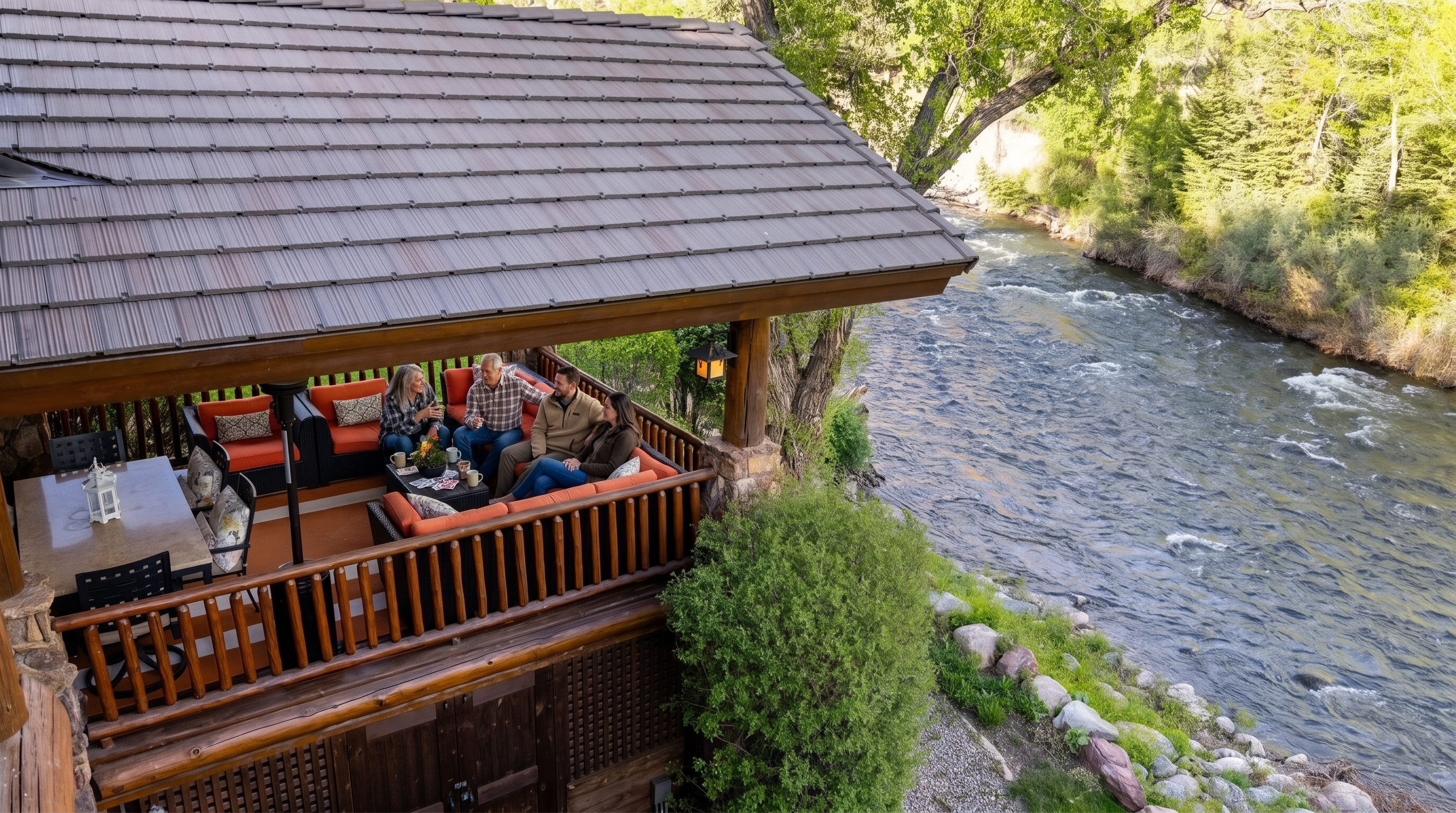 This is a beautiful, expansive covered balcony showcasing a rustic log cabin style with a stunning direct view of a rushing river below. The space is comfortably furnished with plush orange sectional seating and dining arrangements, creating an ideal outdoor living area. The deck's wooden architecture and the tranquil natural setting emphasize the home's connection to its serene riverside location.