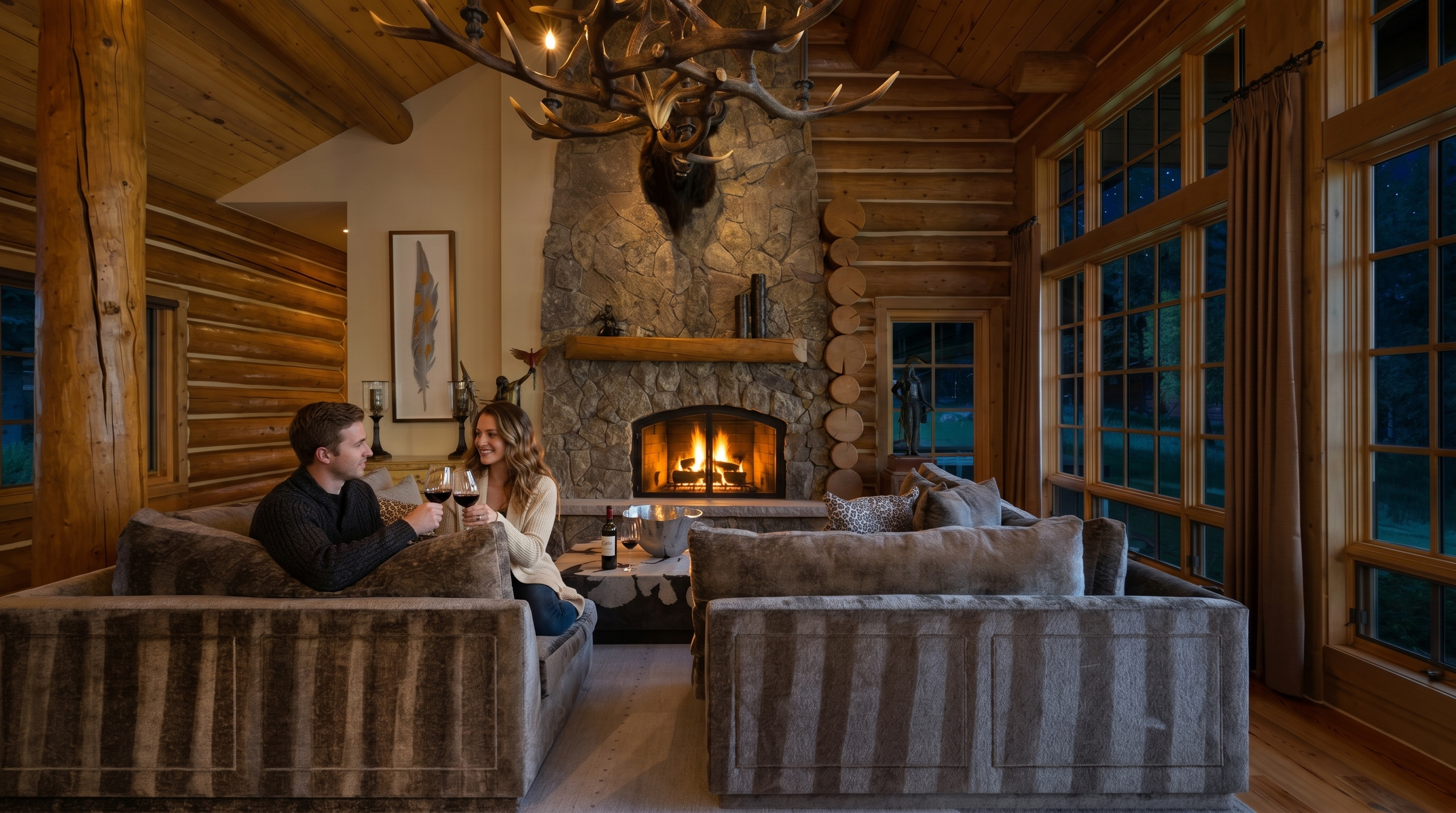 This rustic living room features a striking floor-to-ceiling stone fireplace as its focal point, adorned with a large antler chandelier above. The room is interior-designed with plush textured furniture, warm wooden log walls, and expansive windows that bathe the space in natural light. Its cozy, cabin-inspired aesthetic creates a luxurious yet comfortable atmosphere perfect for relaxing.