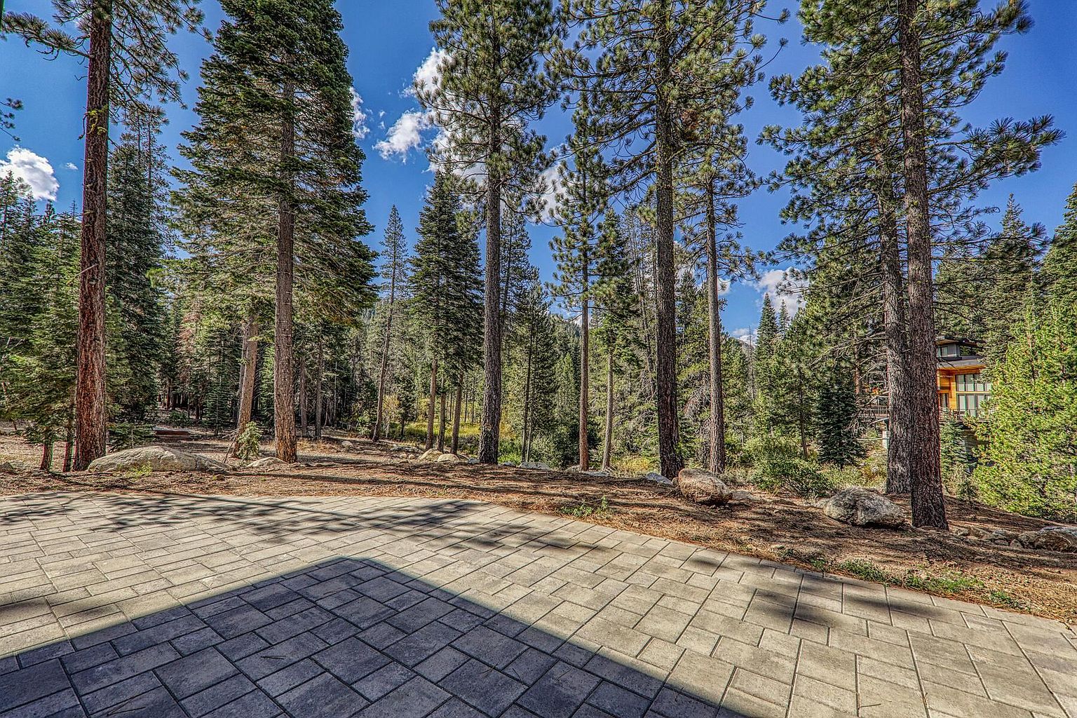 This image showcases a spacious patio area constructed with gray pavers, extending into a natural landscape of tall pine trees and scattered boulders. The patio provides an inviting outdoor living space, seamlessly blending with the surrounding forest. The scene is bathed in sunlight, creating a warm and welcoming atmosphere.