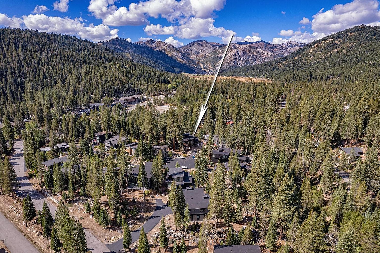 This aerial shot showcases a cluster of modern homes nestled among tall pine trees, set against a backdrop of mountains under a partly cloudy sky. The homes feature dark roofs and contemporary architectural styles, blending into the natural landscape. The image provides a sense of seclusion and natural beauty, highlighting the property's location within a forested mountain setting.