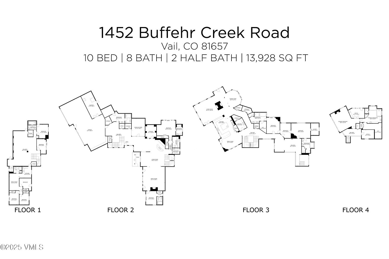 This image showcases the floor plans for a multi-story residence located at 1452 Buffehr Creek Road, Vail, CO 81657. The plans detail four floors, indicating a spacious layout with 10 bedrooms, 8 bathrooms, and 2 half bathrooms, totaling 13,928 square feet. The architectural design appears complex, with various rooms and hallways interconnected on each level.