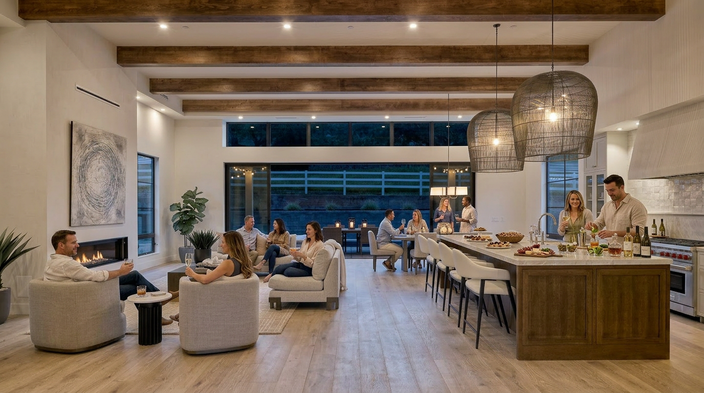 This spacious, open-concept living area seamlessly integrates a gourmet kitchen with a large wooden island, a formal dining area, and a cozy lounge space centered around a modern linear fireplace. High-end finishes, such as exposed wooden ceiling beams and large pendant lighting, create an inviting and sophisticated atmosphere perfect for entertaining. Large glass doors provide an expansive view of the outdoor area, enhancing the home's airy, light-filled aesthetic.