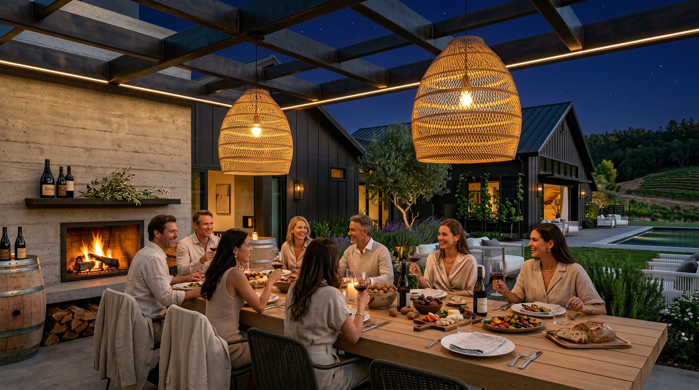 This stunning outdoor patio serves as an elegant dining area, complete with a natural wood table and fireplace, making it perfect for alfresco entertainment. Featuring modern architecture with dark wood accents and warm, stylish pendant lighting, the space overlooks a lush lawn and a swimming pool. It offers a refined, luxurious atmosphere ideal for evening gatherings in a beautiful vineyard setting.