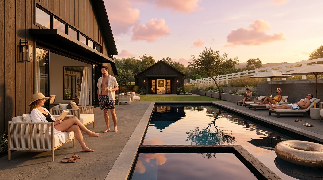 This stunning outdoor living space features a sleek, modern rectangular swimming pool with an integrated spa, set against a backdrop of a contemporary farmhouse-style home. The expansive concrete patio is furnished with stylish, neutral-toned lounge chairs, creating a perfect environment for relaxation and entertaining. A manicured lawn leads to a matching detached structure, all enclosed by a crisp white fence, evoking a sophisticated and serene luxury lifestyle.