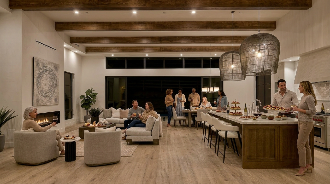 This sophisticated, open-concept floor plan seamlessly integrates a modern kitchen and living area, perfect for entertaining. The space features high-end finishes, including warm wooden ceiling beams, elegant pendant lighting, and a spacious kitchen island acting as a central focal point. With a cozy fireplace, comfortable lounge seating, and an adjacent dining area, the residence offers a luxurious and inviting atmosphere.