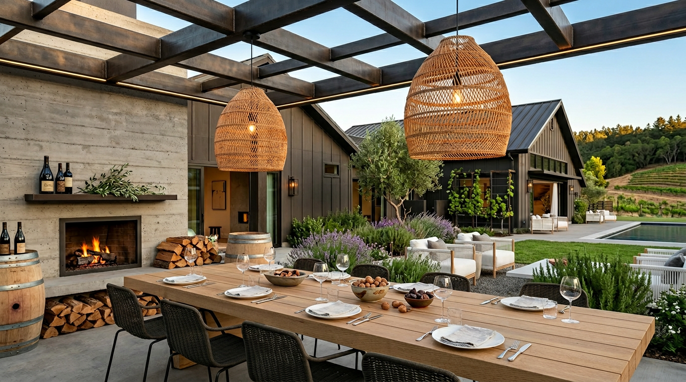 This luxurious outdoor patio dining space features a large wooden table set for a meal under a modern metal pergola with woven pendant lights. The area includes a built-in outdoor fireplace set into a raw concrete wall and overlooks a pristine lawn, pool, and vineyard-covered hills. The overall design harmonizes rustic elements like wine barrels and wood storage with high-end, contemporary architectural finishes.