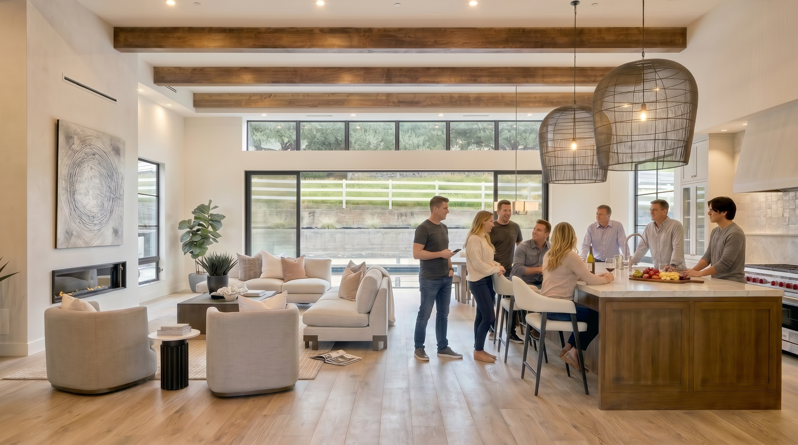 This spacious, open-concept living area combines a cozy lounge and a gourmet kitchen, characterized by exposed wood beams and light wide-plank flooring. The kitchen features a large center island with stone countertops, while the integrated living space offers comfortable seating and elegant light fixtures. Large windows and glass doors provide an abundance of natural light and connect the refined, contemporary interior to the outdoor surroundings.