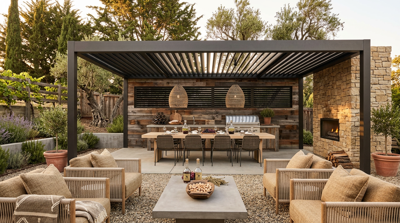 This luxurious outdoor patio features a modern, louvered-roof pergola covering a dining area with a rustic wooden table and integrated grill station. A stone-clad fireplace and comfortable, modern lounge seating define this sophisticated space, which is set against a backdrop of natural landscaping and wood-paneled walls. The design seamlessly blends contemporary clean lines with warm, organic textures, creating an inviting entertainment area ideal for high-end outdoor living.
