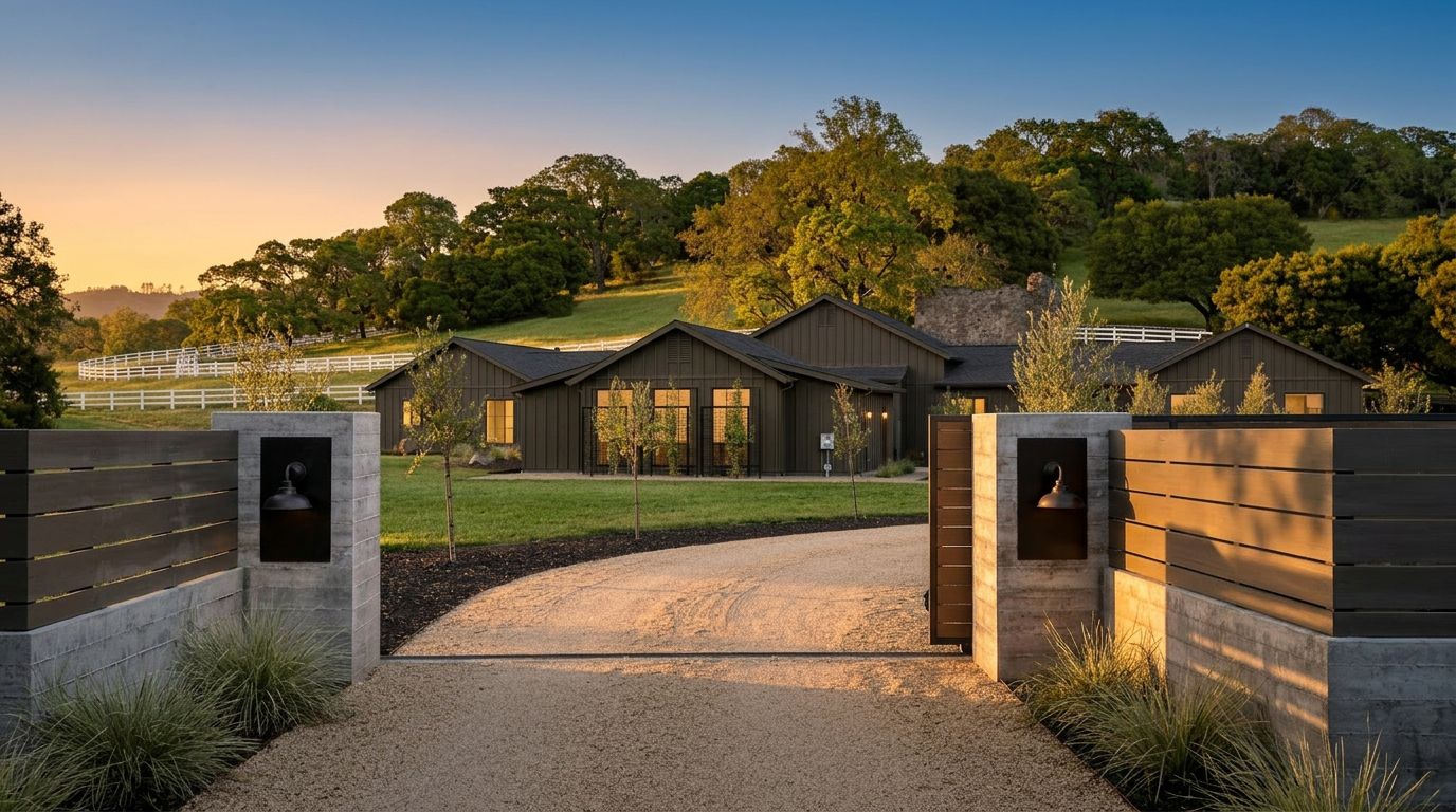 This image captures the grand gated entrance of a modern farmhouse estate set against a serene, rolling landscape at sunset. The entry features concrete pillars with stylish sconce lighting and contemporary horizontal slat fencing, leading to a gravel driveway that flows toward a large, dark-toned home. The manicured lawn, strategic landscaping, and white split-rail fence in the distance contribute to the property's peaceful, upscale, and refined rural aesthetic.