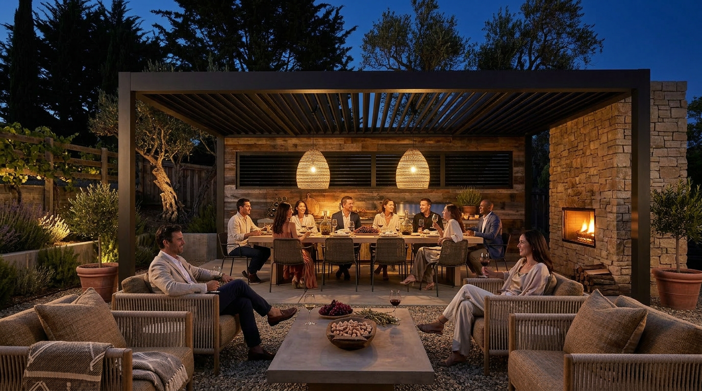 This luxurious outdoor patio features a stunning louvered pergola with elegant pendant lighting, creating an ideal setting for al fresco dining and sophisticated entertaining. The space includes a centerpiece stone fireplace, custom-woven furniture, and a long dining table, all situated in a beautifully landscaped garden environment. The overall design emphasizes high-end comfort and provides a perfect blend of modern architecture with warm, natural textures.