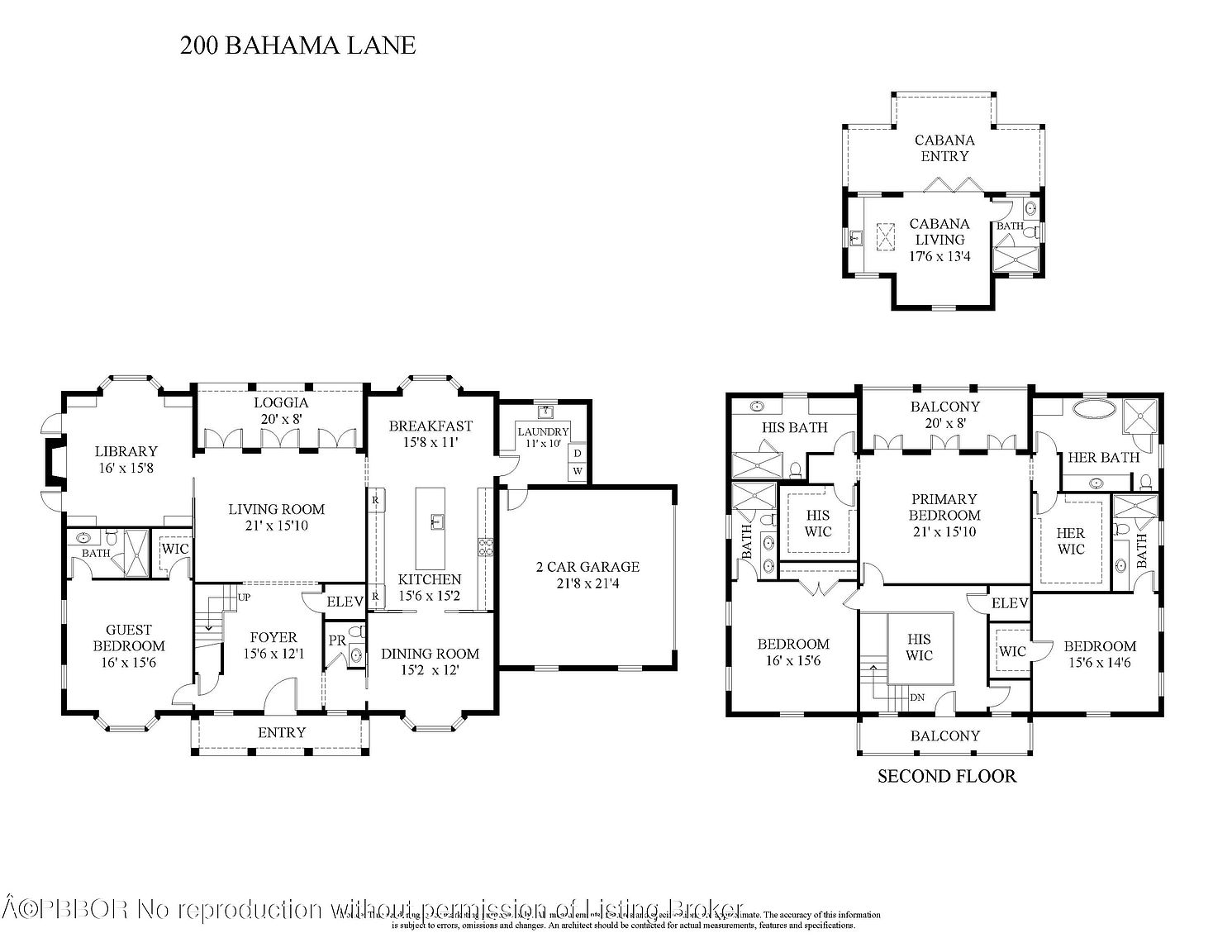 This image showcases a detailed floor plan of a luxurious residence, including the first and second floors, as well as a cabana layout. The plan highlights room dimensions, layout, and features like the library, living room, kitchen, bedrooms, bathrooms, and garage. The floor plan provides a comprehensive overview of the property's spatial arrangement and design.