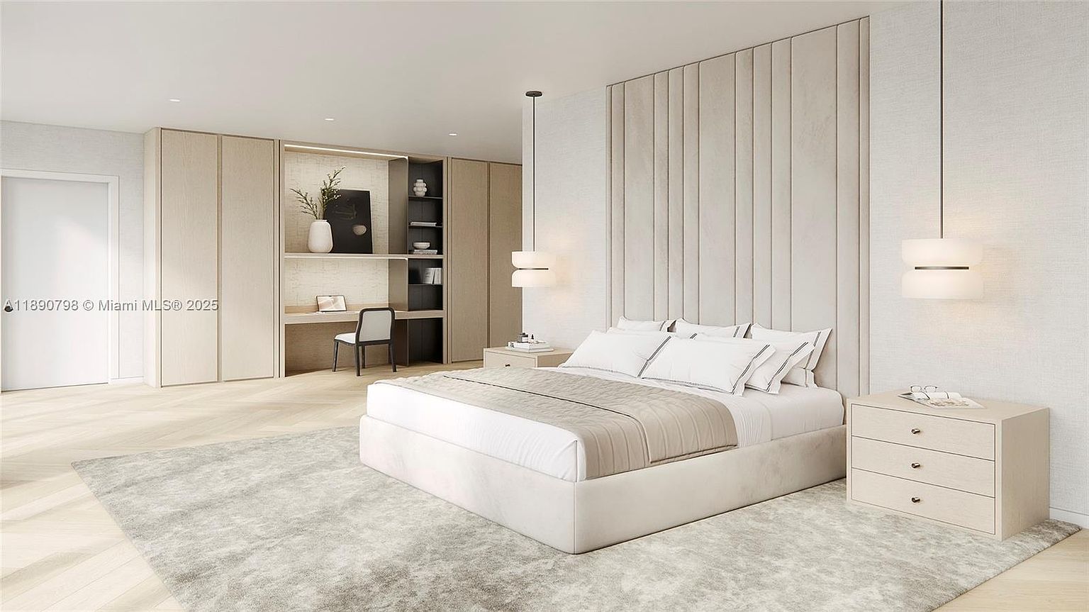 This is a bright and modern primary bedroom featuring a large bed with white linens and a beige throw, flanked by matching nightstands and pendant lights. The room includes a built-in desk area with shelving and storage, creating a functional and stylish space. A neutral color palette and clean lines contribute to a serene and sophisticated atmosphere.