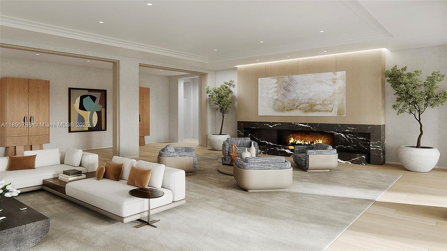 This is a spacious and elegantly designed living room featuring a modern fireplace with a marble surround and a large abstract painting above it. The room is furnished with a white sectional sofa, stylish armchairs, and potted trees, creating a sophisticated and comfortable atmosphere. The neutral color palette and ample natural light enhance the room's appeal, making it an ideal space for relaxation and entertaining.