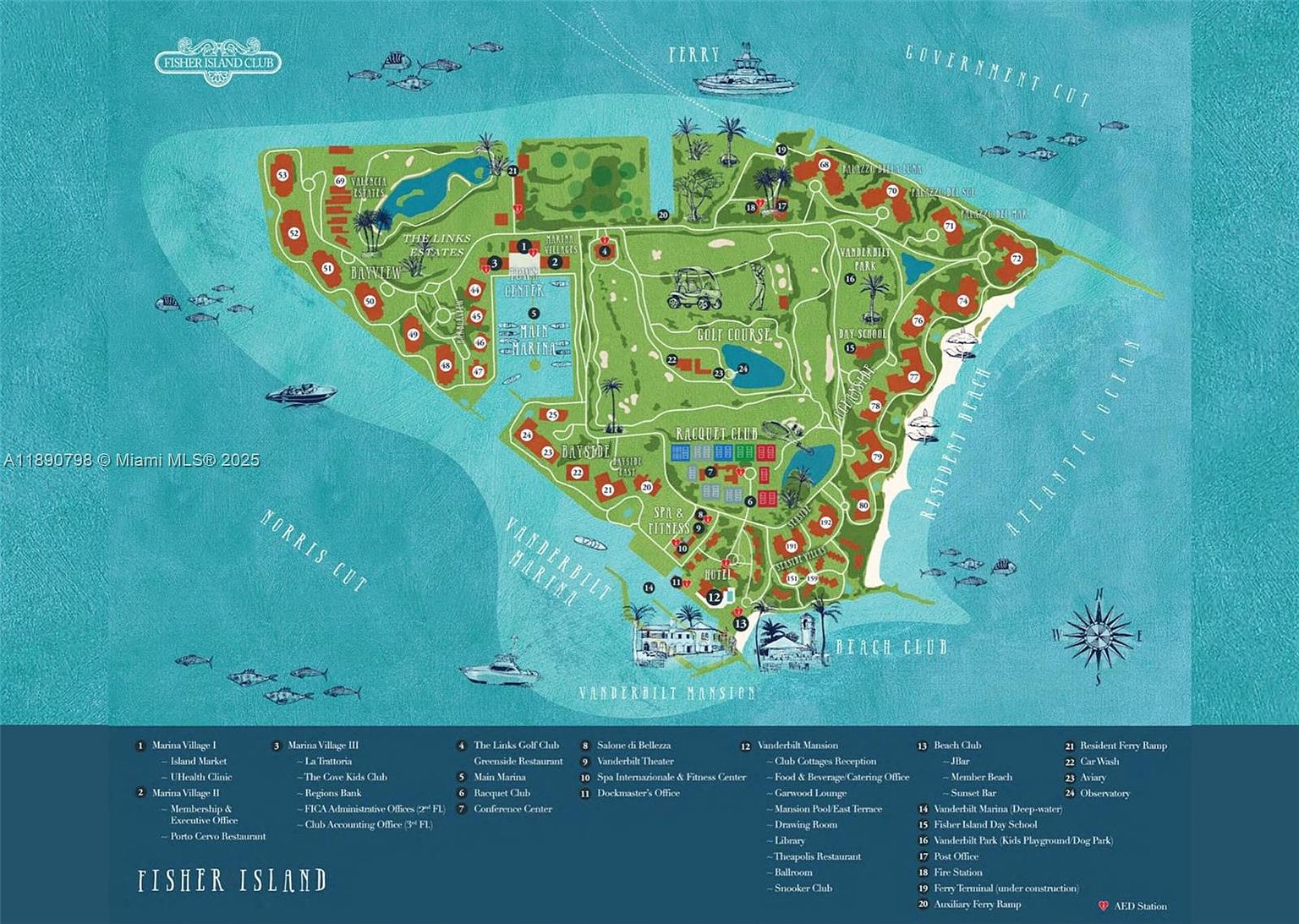 This image showcases a detailed map of Fisher Island, highlighting various amenities and locations. Key features include the golf course, racquet club, spa, beach club, and residential areas. The map provides a comprehensive overview of the island's layout and offerings, emphasizing its luxurious and well-planned community.