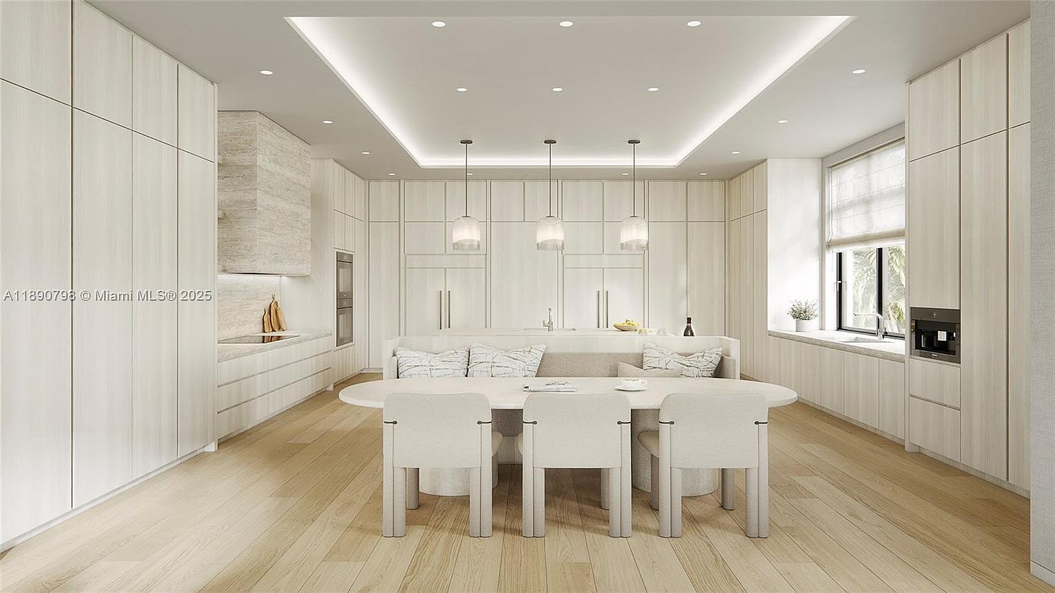 This is a bright and modern kitchen featuring light wood cabinetry and flooring, creating a clean and airy atmosphere. The kitchen includes a large island with seating, pendant lighting, and built-in appliances. The perspective is from the dining area, showcasing the open-concept design and the seamless integration of the kitchen with the dining space.