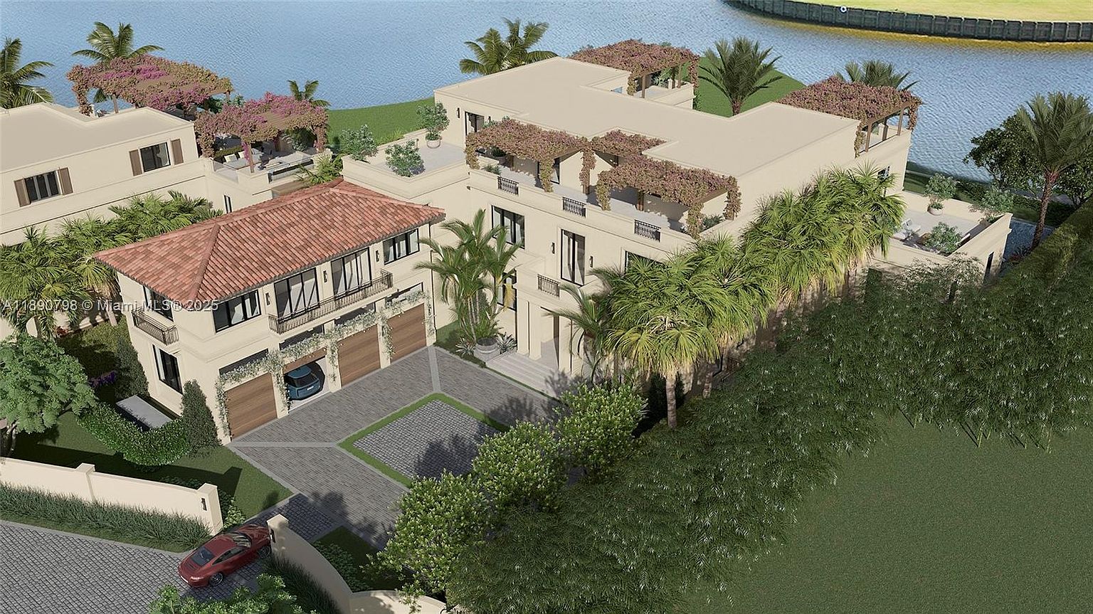This aerial view showcases a luxurious waterfront property featuring two distinct buildings connected by a meticulously designed outdoor space. The main building boasts a flat roof with pergola-covered terraces, while the adjacent structure features a red tile roof and integrated garage. Lush landscaping, including palm trees and manicured greenery, surrounds the property, enhancing its curb appeal and creating a serene atmosphere.