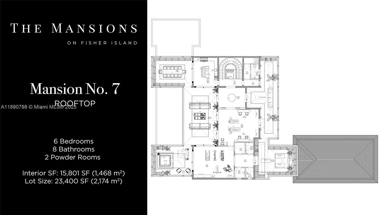 This image showcases a detailed floor plan of a luxurious mansion, highlighting the layout of rooms, including bedrooms, bathrooms, and living spaces. The plan also indicates the presence of a rooftop area and provides information on the interior square footage and lot size, offering a comprehensive overview of the property's design and dimensions.