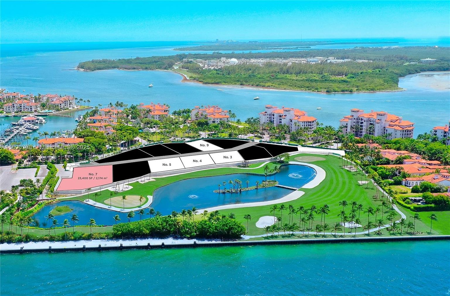 This aerial view showcases a luxurious waterfront property featuring a golf course, a serene lake with a fountain, and meticulously manicured lawns lined with palm trees. Several residential plots are marked, indicating potential building sites within this exclusive community. The overall impression is one of opulence and tranquility, highlighting the prime real estate opportunities available.