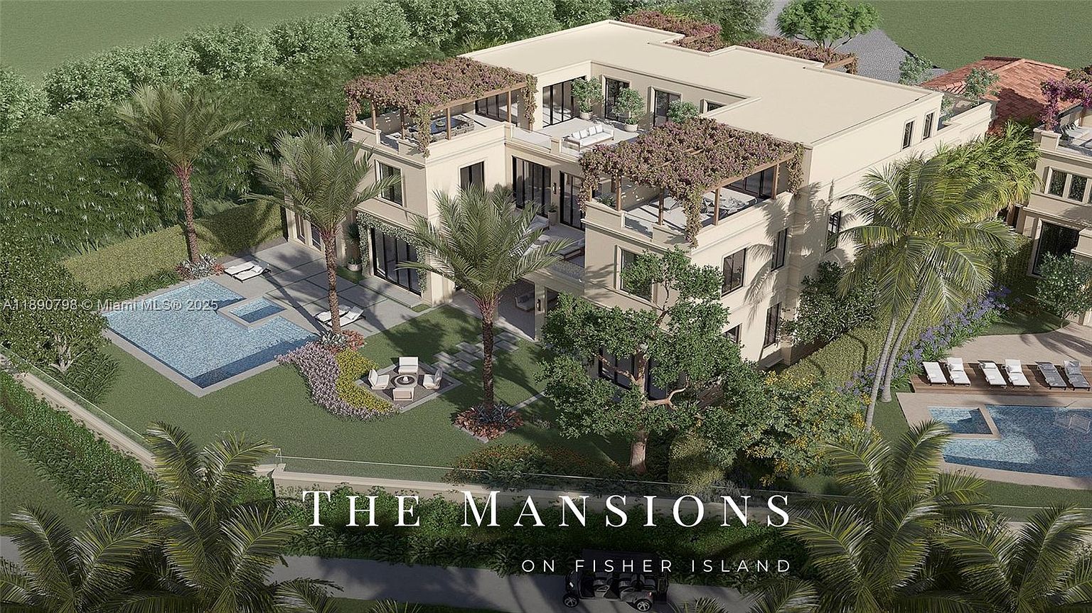 This aerial view showcases a luxurious mansion with multiple levels, featuring covered patios and balconies adorned with greenery. The property includes two swimming pools, lush landscaping with palm trees, and outdoor seating areas, creating a resort-like atmosphere. The overall impression is one of opulence and sophisticated outdoor living.