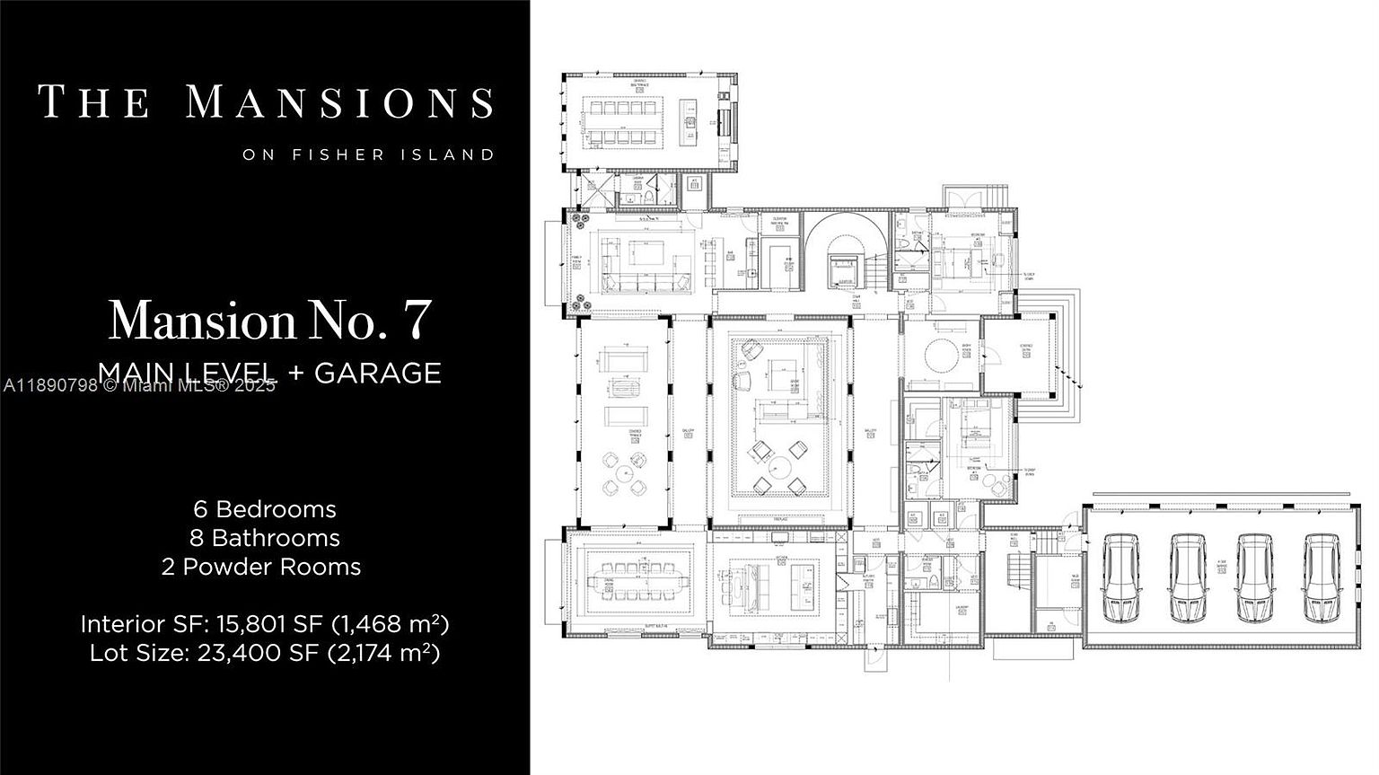 This image showcases a detailed floor plan for Mansion No. 7, located on Fisher Island, featuring the main level and garage. The plan indicates 6 bedrooms, 8 bathrooms, and 2 powder rooms, with an interior space of 15,801 SF and a lot size of 23,400 SF. The layout includes living areas, dining spaces, and a four-car garage, providing a comprehensive overview of the property's design and dimensions.